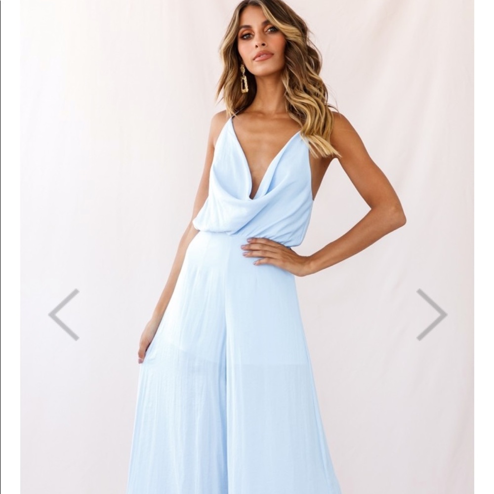 Wide- leg cowl neck jumpsuit in light blue